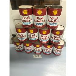 TWELVE SHELL OIL TINS - OPENED TOPS