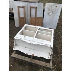 HANGING PINE CUPBOARD, 3 METAL HOOSIER DOORS, 3 METAL HOOSIER TOPS