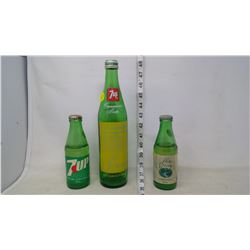 7-Up and Pure Spring Green Glass Bottles UNIQUE (with caps)