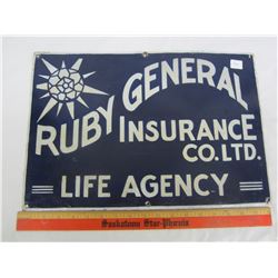 RUBY GENERAL INSURANCE PORCELAIN SIGN 18 x 12" (PAINT TOUCHED UP)