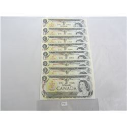 EIGHT 1973 ONE DOLLAR BILLS W/ SEQUENTIAL SERIAL NUMBERS