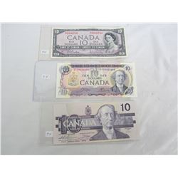 THREE DIFFERENT 10 DOLLAR BILLS 1954, 1971, 1989