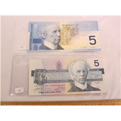 TWO DIFFERENT 5 DOLLAR BILLS 1986, 2002