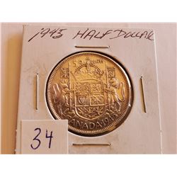 1945 King George Silver Half Dollar - 80%