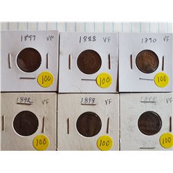 6 Indian Head Pennies - U.S. - 1888,90,92,93,95,97