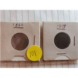U.S. 1866 Shield Nickel (Note Hole) and 1897 Liberty V Nickel