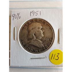 U.S. 1951 Franklin Half Dollar - 90% Silver