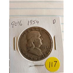 U.S. 1954D Franklin Hald Dollar - 90% Silver