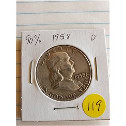 U.S. 1958 D Franklin Half Dollar 90% Silver