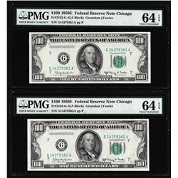 (2) Consecutive 1950E $100 Federal Reserve Notes Chicago PMG Choice Uncirculated 64EPQ