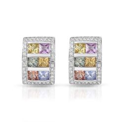 14KT White Gold 4.80ctw Multi Color Sapphire and Diamond Earrings