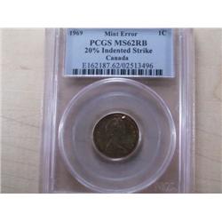 Mint Error 1969 1¢ 20% Indented strike 