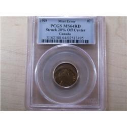 Mint Error 1969 1¢ Struck 20% off cente