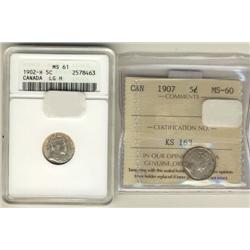 Lot of 2 Edwardian 5¢ pieces in minstat