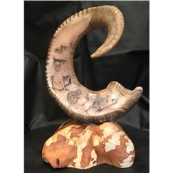 Alaskan Art: Dall Ram horn scrimshaw carving by artist Jerry Cook