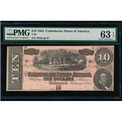 1864 $10 Confederate States of America Note PMG 63EPQ
