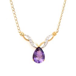 Plated 18KT Yellow Gold 3.55ct Amethyst and Diamond Pendant with Chain