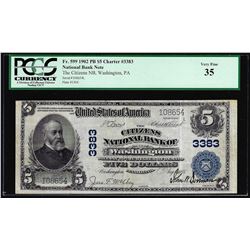 1902PB $5 Citizens NB of Washington, PA CH# 3383 National Currency Note PCGS VF35