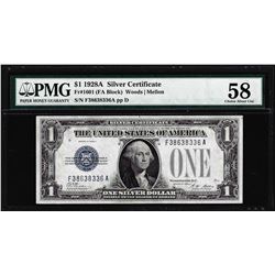 1928A $1 Funnyback Silver Certificate Note Fr.1601 PMG Choice About Uncirculated 58