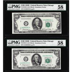 Lot of (2) 1950E $100 Federal Reserve Notes Chicago PMG Choice About Uncirculated 58