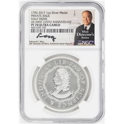 1792-2017 Half Disme 1 oz. Silver Medal NGC PF70 W/Edmund C. Moy Signature