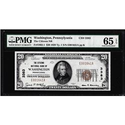 1929 $20 Citizens NB Washington, PA CH# 3383 National Note PMG Choice Gem Unc 65EPQ