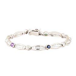 4.13 ctw Multi-Colored Gemstone and Diamond Tennis Bracelet - 14KT White Gold