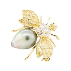 0.52 ctw Diamond and Pearl Bee Pendant-Pin - 14KT Yellow Gold