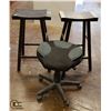 Image 1 : LOT OF 2 WOODEN STOOLS W/ SWIVEL STOOL ON WHEELS