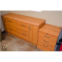 WOODEN OFFICE CREDENZA W/ WOODEN FILING CABINET