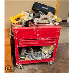 RED TOOLBOX ON CASTORS W/ CONTENTS INCL: DEWALT