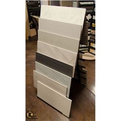 LOT OF 16 ASSORTED TILES ON TILE DISPLAY STAND