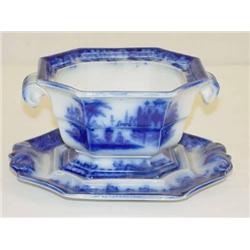 2 PC. FLOW BLUE SAUCE TUREEN-COBURG PAT