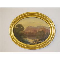 OVAL OIL ON CANVAS VIEW OF ALLEGHENY W/