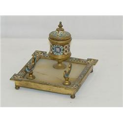 CHAMPLEVE & ONYX INK STAND-INK WELL & P