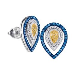 Round Blue Yellow Color Enhanced Diamond Teardrop Earrings 1/3 Cttw 10kt White Gold