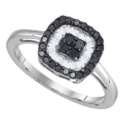 Round Black Color Enhanced Diamond Concentric Square Cluster Ring 3/8 Cttw 10kt White Gold