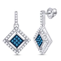Round Blue Color Enhanced Diamond Diagonal Square Dangle Earrings 1/2 Cttw 10kt White Gold