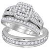 Image 1 : His & Hers Diamond Cluster Matching Bridal Wedding Ring Band Set 1-1/5 Cttw 10kt White Gold