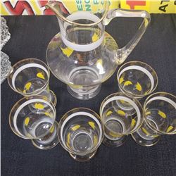 Six Hand Painted glasses with Gold Trim and Paint and one Carafe