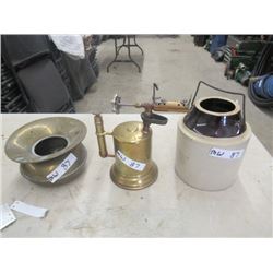 MW- 3 Items - 1 Turner Blow Torch , 1 Pickle Crock ( No Lid), 1Brass Spattoon