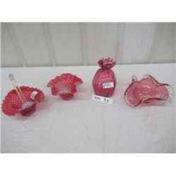 PM - 4 Pcs , 2 Fental Bridle Basket & Ruffled Bowl 2 Cranberry Vase & Ruffled Bowl