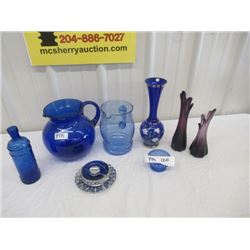 PM - 8 Pcs 2 Pitchers, 3 Vases, Sugar Bowl, Handled Tray & Wine Bottle