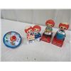 Image 1 : PM- Pkg of Toys- 3 Raggedy Anne, 1 Battery Operated Toy, 1 Calendar , 1 Metal Top