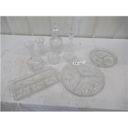 EK- Various Crystal-3 Serving Trays, 3 Bowls Decanter & 3 Vases