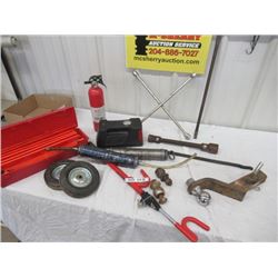 HO - 10 Plus Items  -Road Flares, Fire Ext, Dolly Wheels, 12 Volt Air Comp, Reciever Hitch, Fluid Tr