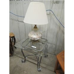 EK- Wrought Iron & Glass End Table & 70's Lamp