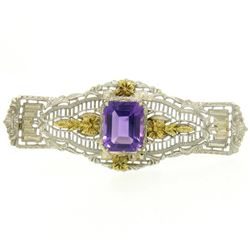 14k White & Green Gold 3.00 ctw Emerald Cut Amethyst Filigree Brooch Pin