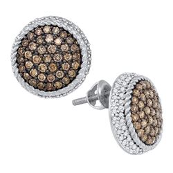 Round Brown Diamond Roped Cluster Screwback Earrings 1-1/3 Cttw 10kt White Gold