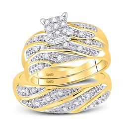 His & Hers Diamond Cluster Matching Bridal Wedding Ring Band Set 1/3 Cttw 14kt Yellow Gold